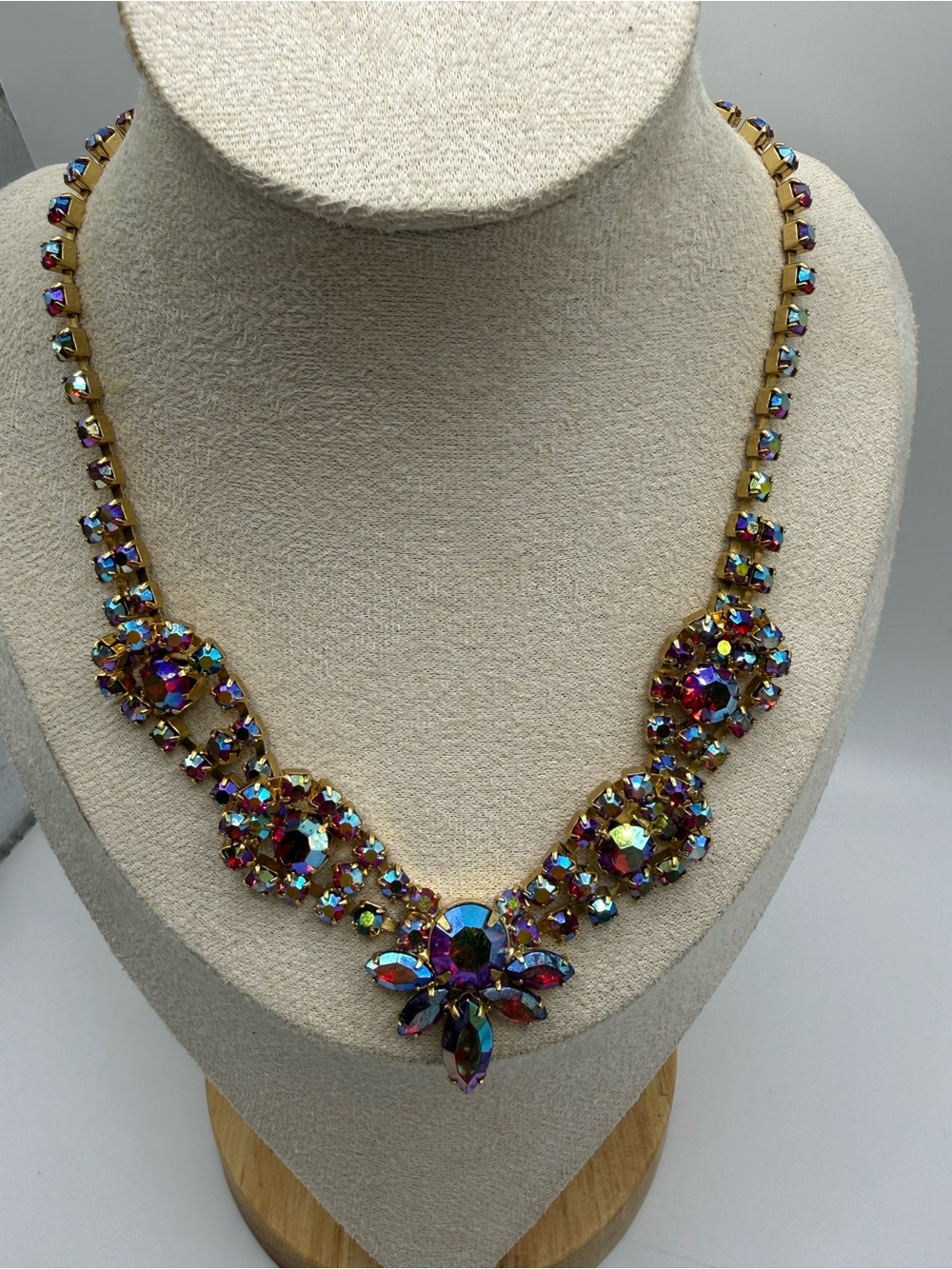 Vintage AB Rhinestone Statement Necklace Gold Tone Floral Bib Necklace 16”